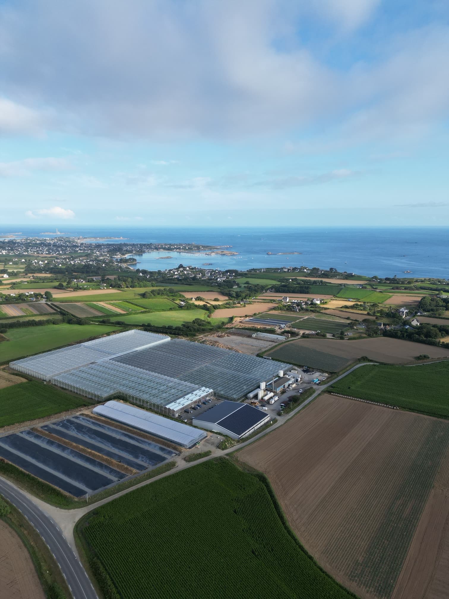 Vue aérienne des serres du Groupement d'Employeurs de Kergasken à Plouguerneau